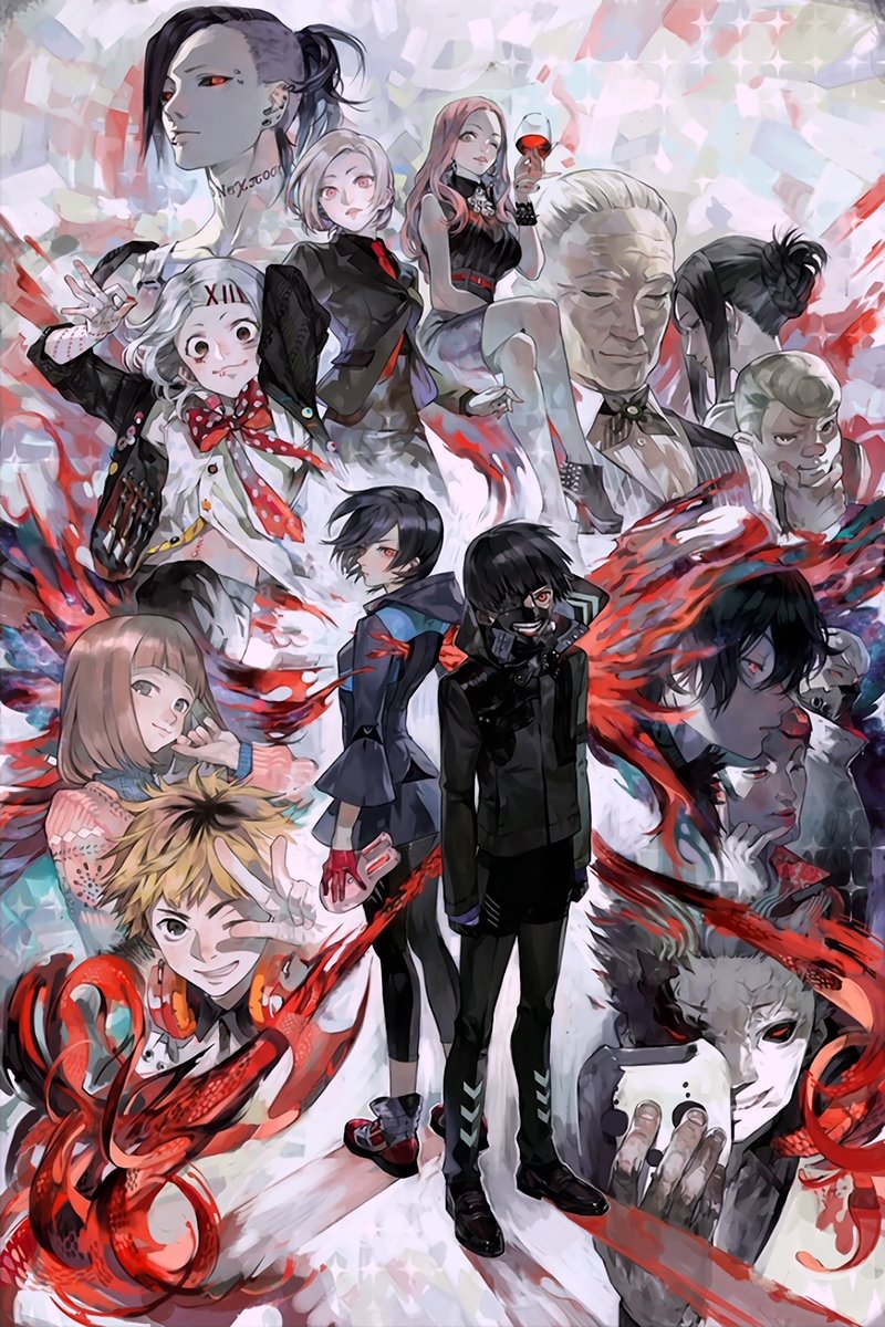 Tokyo Ghoul wall art print featuring a crowded anime character collage with red kagune-like tendrils across a pale abstract background.