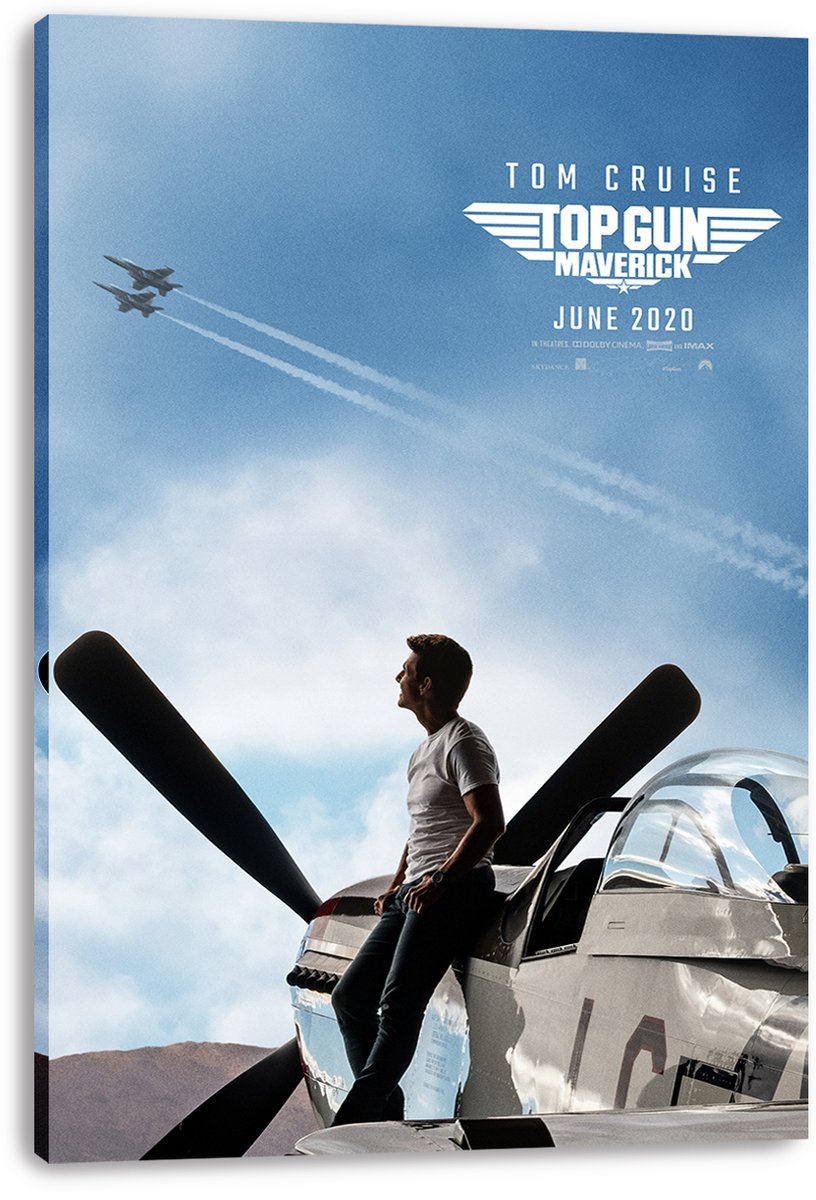 Top Gun Maverick canvas wall art print featuring Tom Cruise on a fighter jet under contrails in a blue sky.