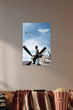 Tom Cruise Top Gun Maverick in a cozy movie room above a brown sofa with popcorn.