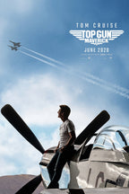 Top Gun Maverick poster with Tom Cruise seated on a fighter jet beneath two jets crossing a blue sky.