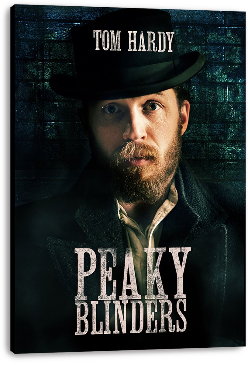 Tom Hardy Peaky Blinders canvas wall art print with a bearded man in a black hat, dark coat, and bold distressed lettering.