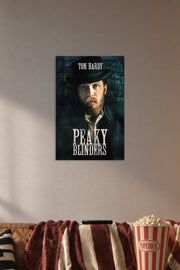 Tom Hardy Peaky Blinders in a cozy movie room above a brown sofa with popcorn.