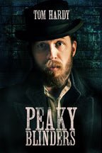 Tom Hardy Peaky Blinders poster featuring a bearded man in a black hat and coat against a dark blue brick wall.