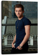 Tom Holland canvas wall art print featuring a full-length portrait in a navy T-shirt against an urban window backdrop.