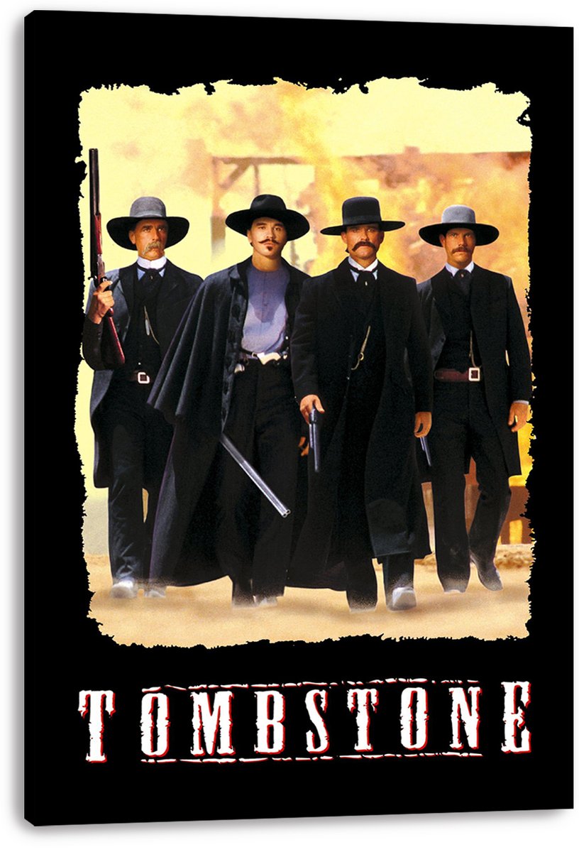 Tombstone canvas wall art print displays four armed Western men in dark suits beneath distressed white and red title lettering.