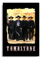 Tombstone framed wall art print presents four hat-wearing gunmen walking through a dusty Old West scene on a black background.