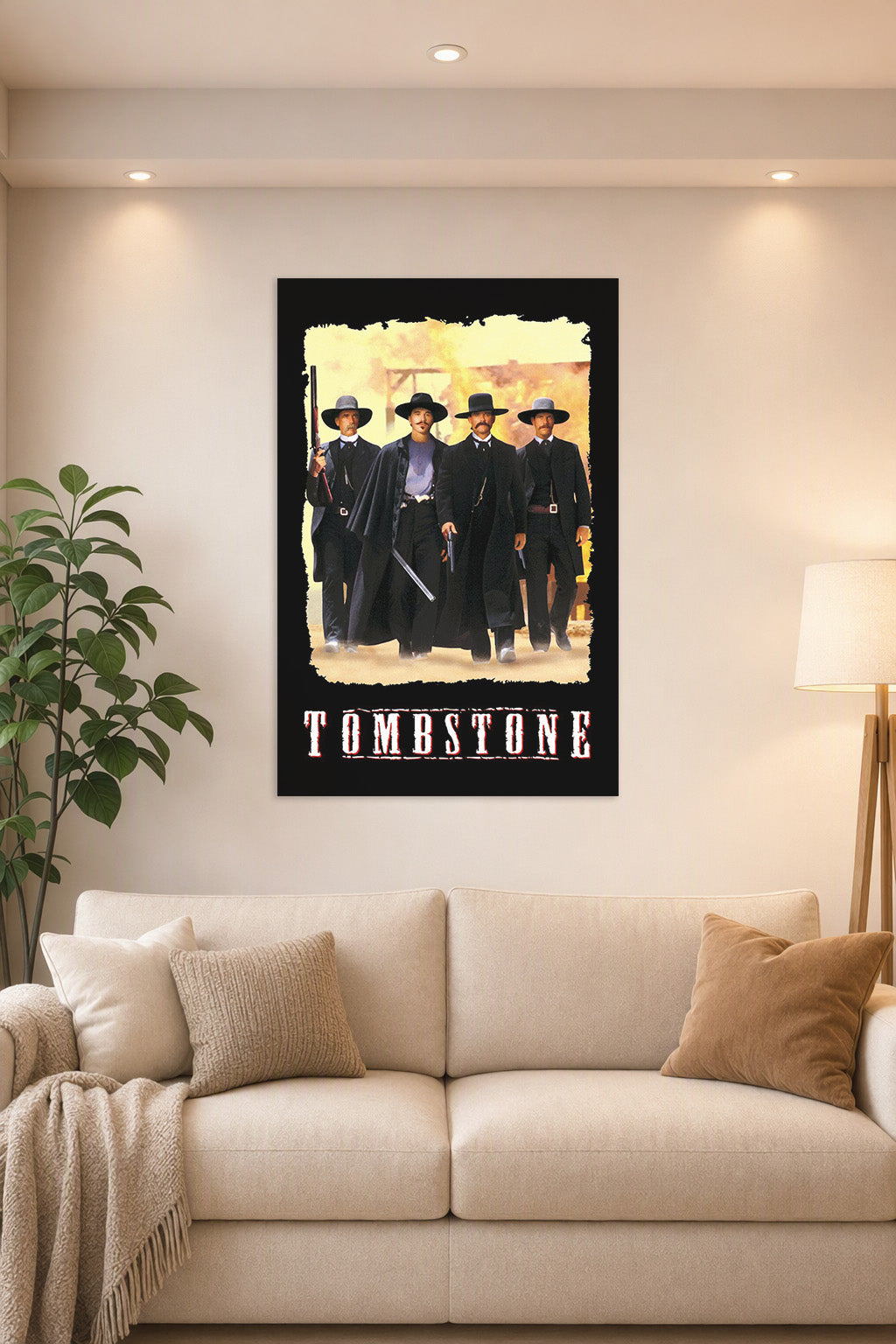 Tombstone Movie in a bright living room above a beige sofa.
