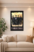 Tombstone Movie in a bright living room above a beige sofa.
