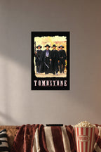 Tombstone Movie in a cozy movie room above a brown sofa with popcorn.
