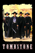 Tombstone wall art print features four Western men in black coats and wide-brim hats walking through dusty golden light.