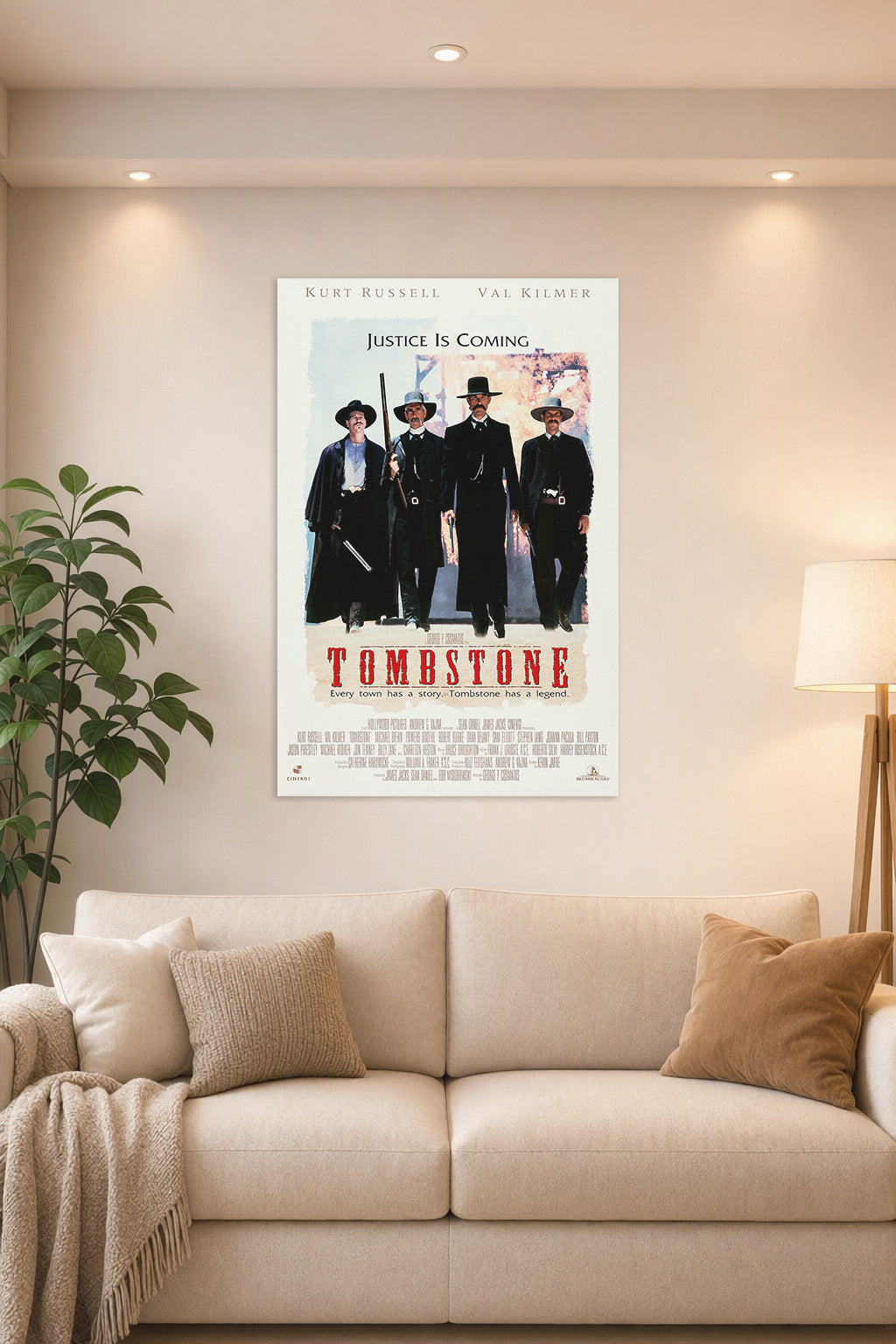 Tombstone Movie Poster in a bright living room above a beige sofa.