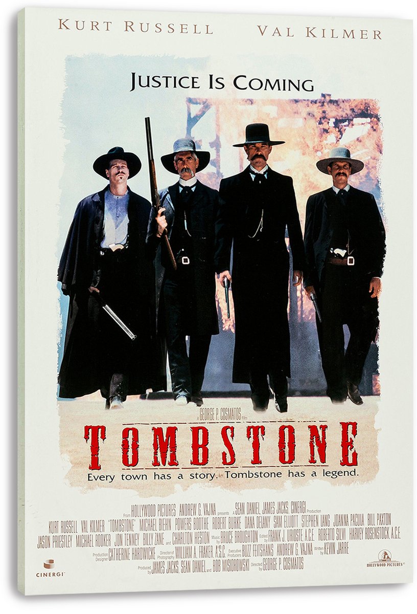 Tombstone movie poster canvas print featuring four hat-wearing gunslingers, red title lettering, and a pale weathered backdrop.