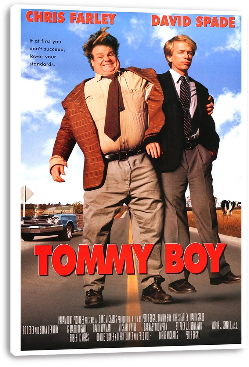 Tommy Boy wall art print displayed as a white-edged canvas, featuring Chris Farley and David Spade beside a blue car on a rural road.