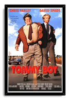 Tommy Boy framed wall art print with a black border, Chris Farley and David Spade standing on a road beneath a blue cloudy sky.