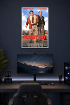 Tommy Boy Movie Chris Farley David Spade in a gaming desk setup above a monitor.