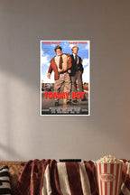 Tommy Boy Movie Chris Farley David Spade in a cozy movie room above a brown sofa with popcorn.
