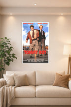 Tommy Boy Movie Chris Farley David Spade in a bright living room above a beige sofa.