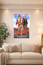 Tommy Boy Movie Chris Farley David Spade in a bright living room above a beige sofa.
