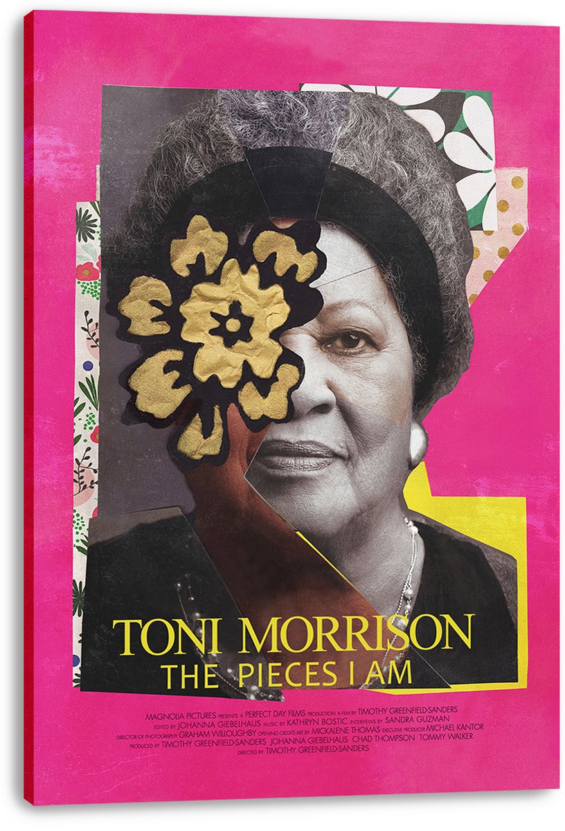 Toni Morrison canvas wall art print presents a grayscale portrait, gold floral motif, patterned layers, and pink background.