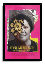 Toni Morrison framed wall art print displays a grayscale collage portrait with a gold flower, pink field, and black frame.