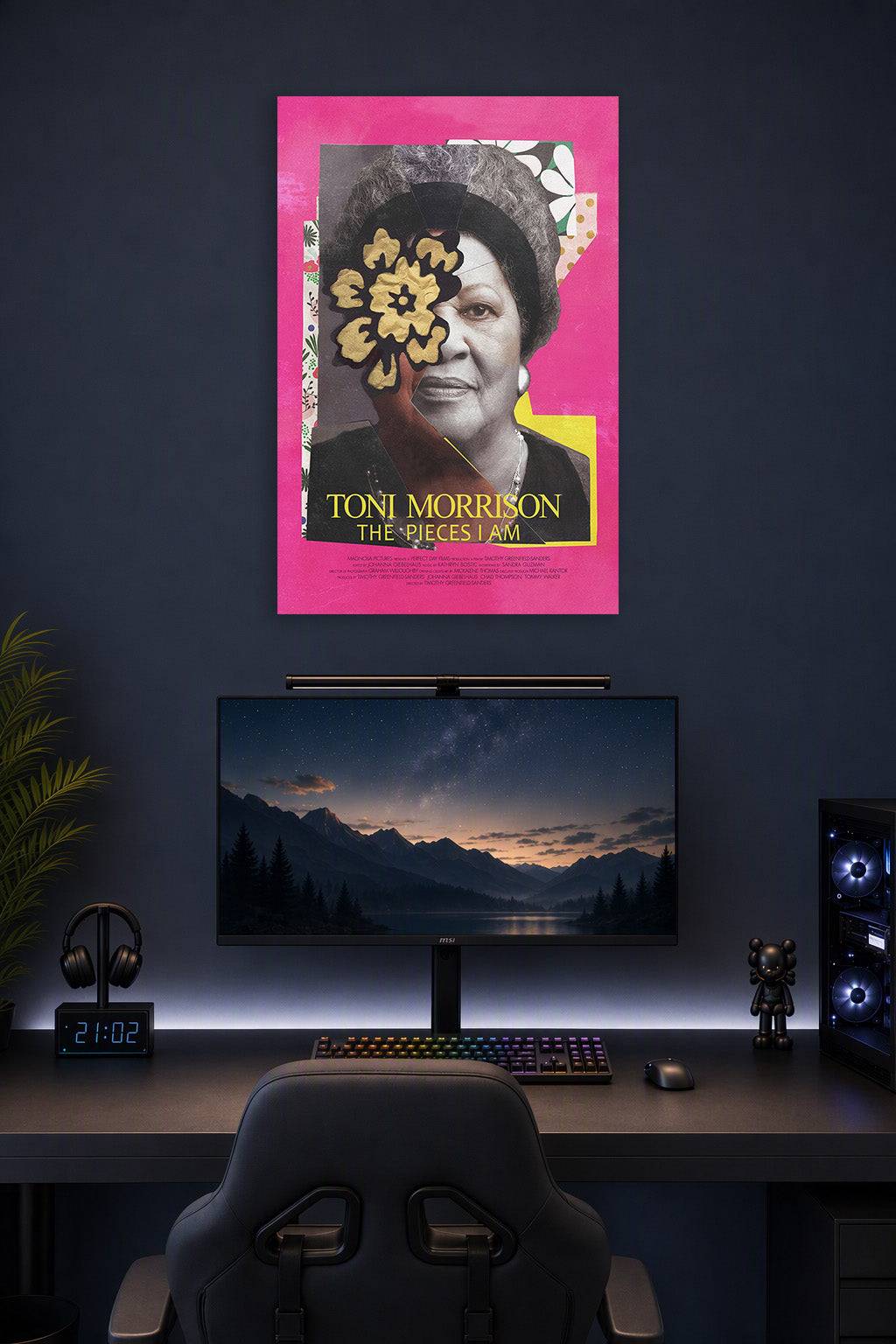 Toni Morrison in a gaming desk setup above a monitor.