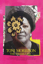 Toni Morrison poster features a grayscale portrait in a vivid pink collage with a gold flower and The Pieces I Am text.