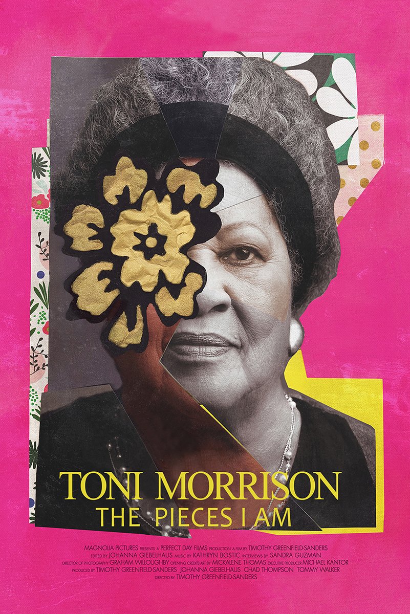 Toni Morrison poster features a grayscale portrait in a vivid pink collage with a gold flower and The Pieces I Am text.