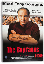 Tony Soprano canvas wall art print, displayed with wrapped edges, cast portraits, promotional text, and red series lettering.