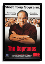 Tony Soprano framed wall art print in a black frame, with crossed arms, ensemble cast portraits, and red The Sopranos logo.