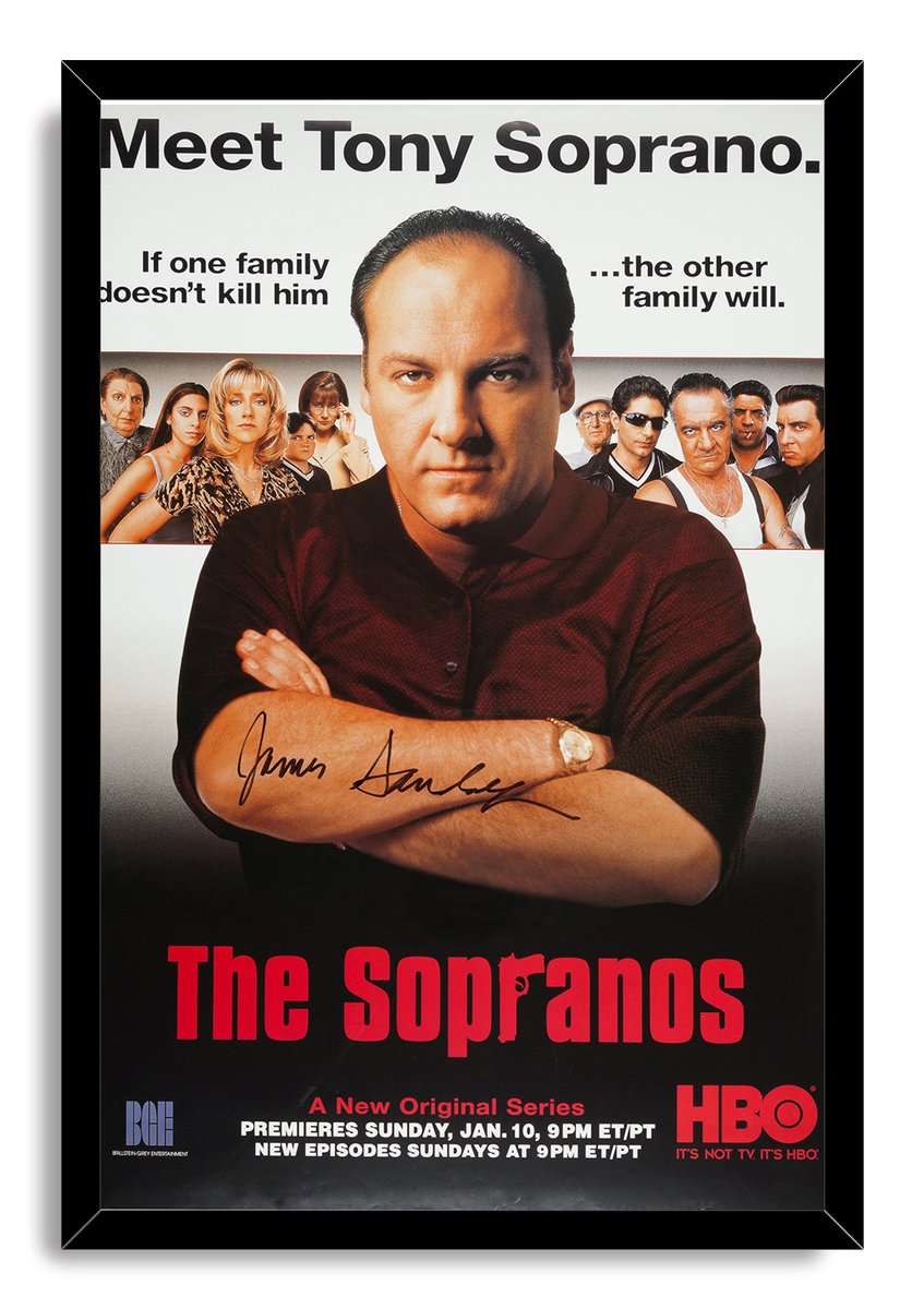 Tony Soprano framed wall art print in a black frame, with crossed arms, ensemble cast portraits, and red The Sopranos logo.