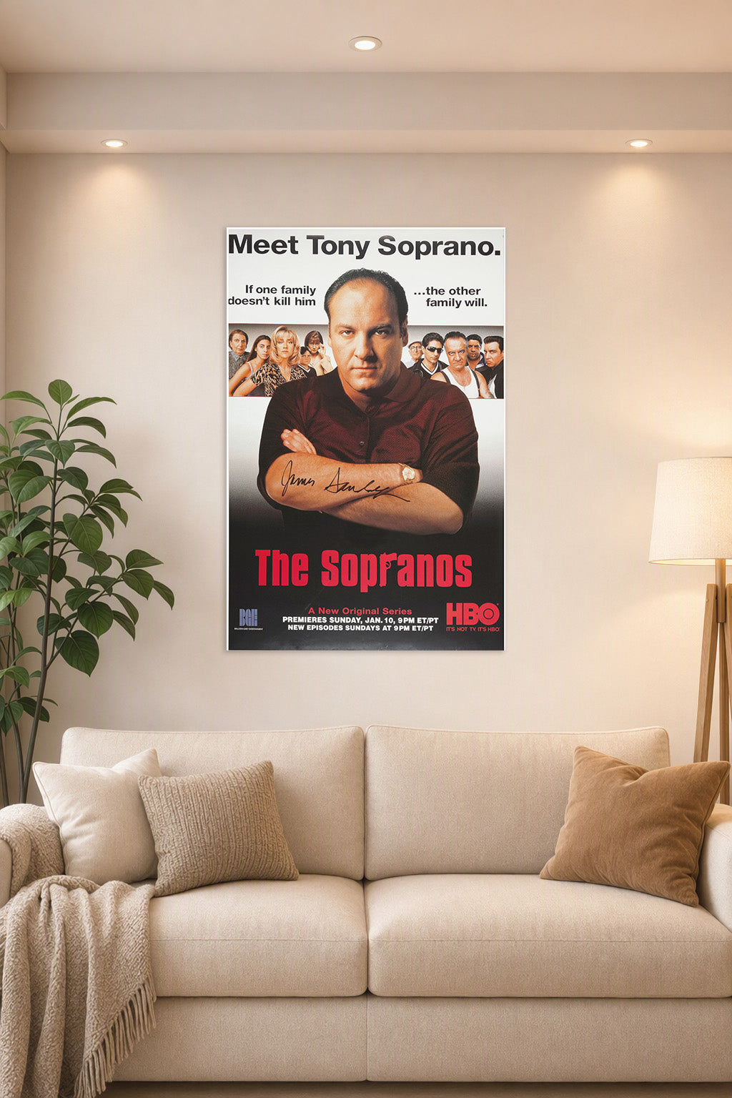 Tony Soprano The Sopranos TV Show in a bright living room above a beige sofa.