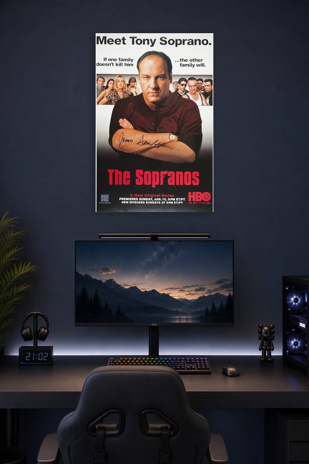 Tony Soprano The Sopranos TV Show in a gaming desk setup above a monitor.