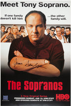 Tony Soprano wall art print with his arms crossed, cast portraits behind him, and bold red The Sopranos title.