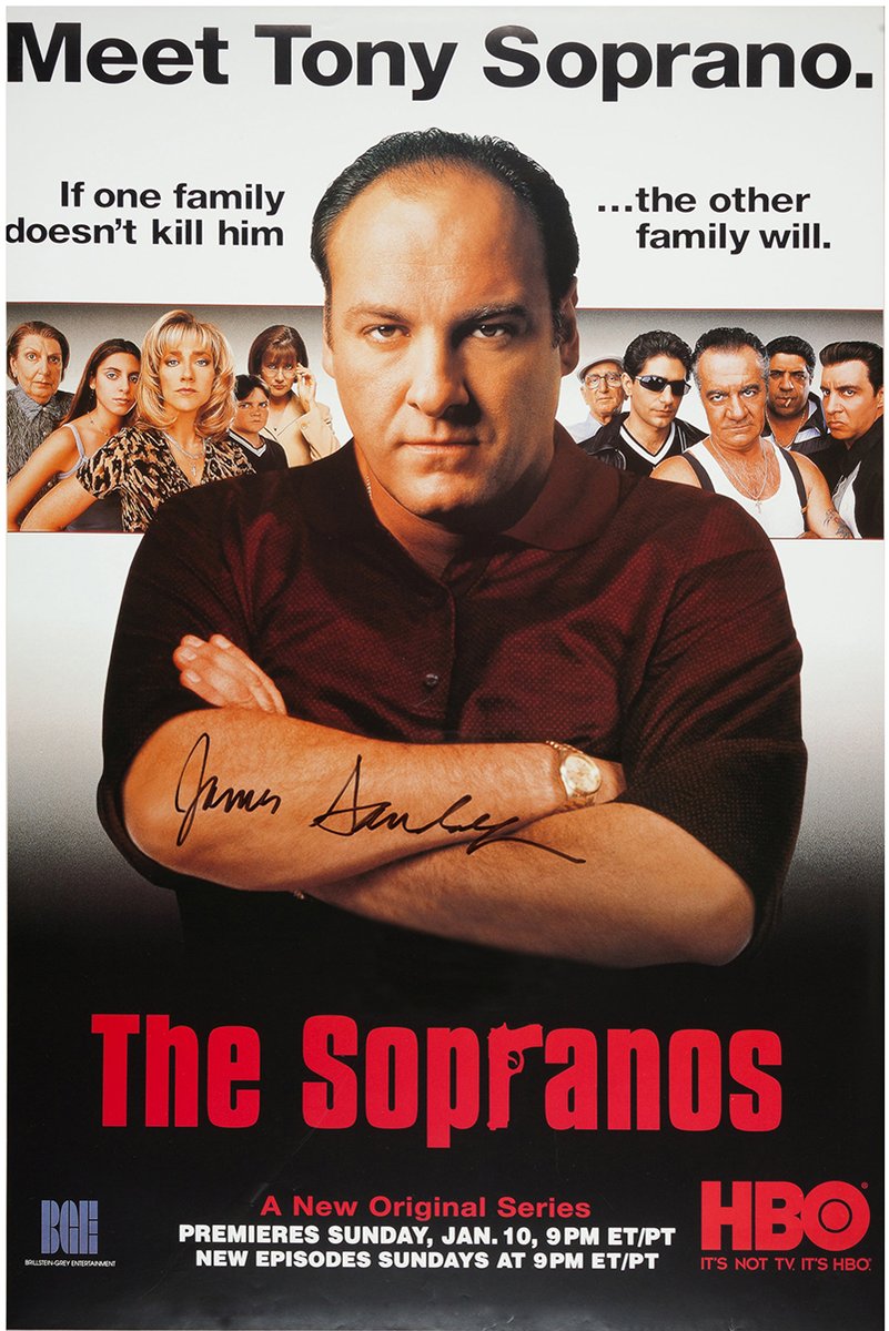 Tony Soprano wall art print with his arms crossed, cast portraits behind him, and bold red The Sopranos title.