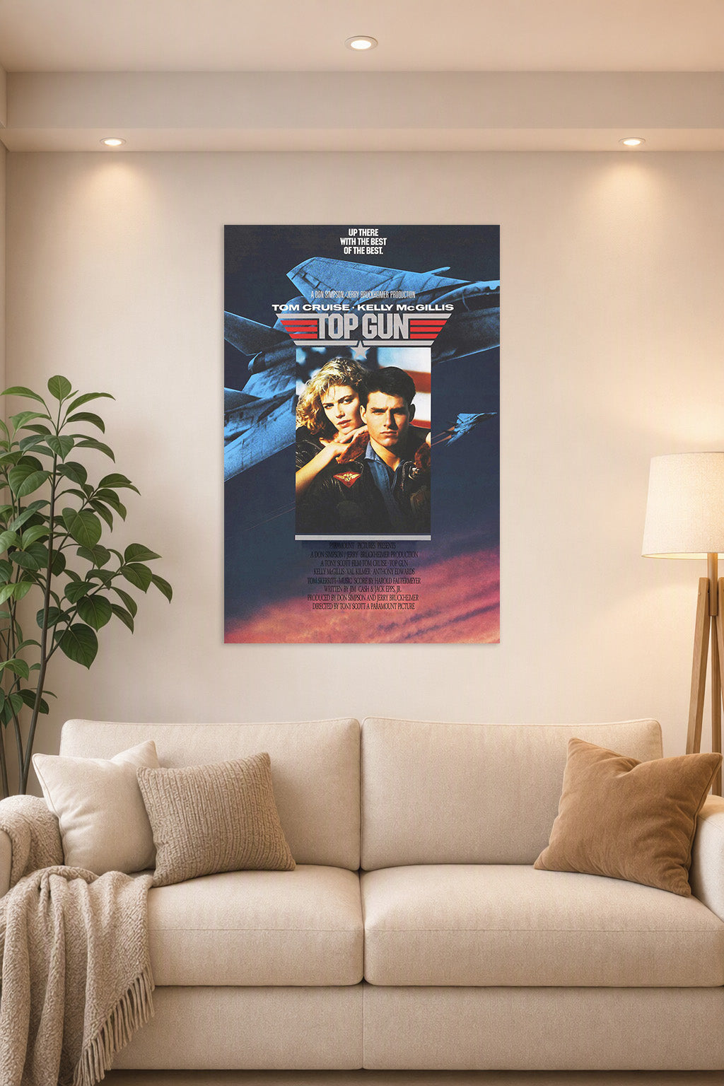 Top Gun Movie in a bright living room above a beige sofa.