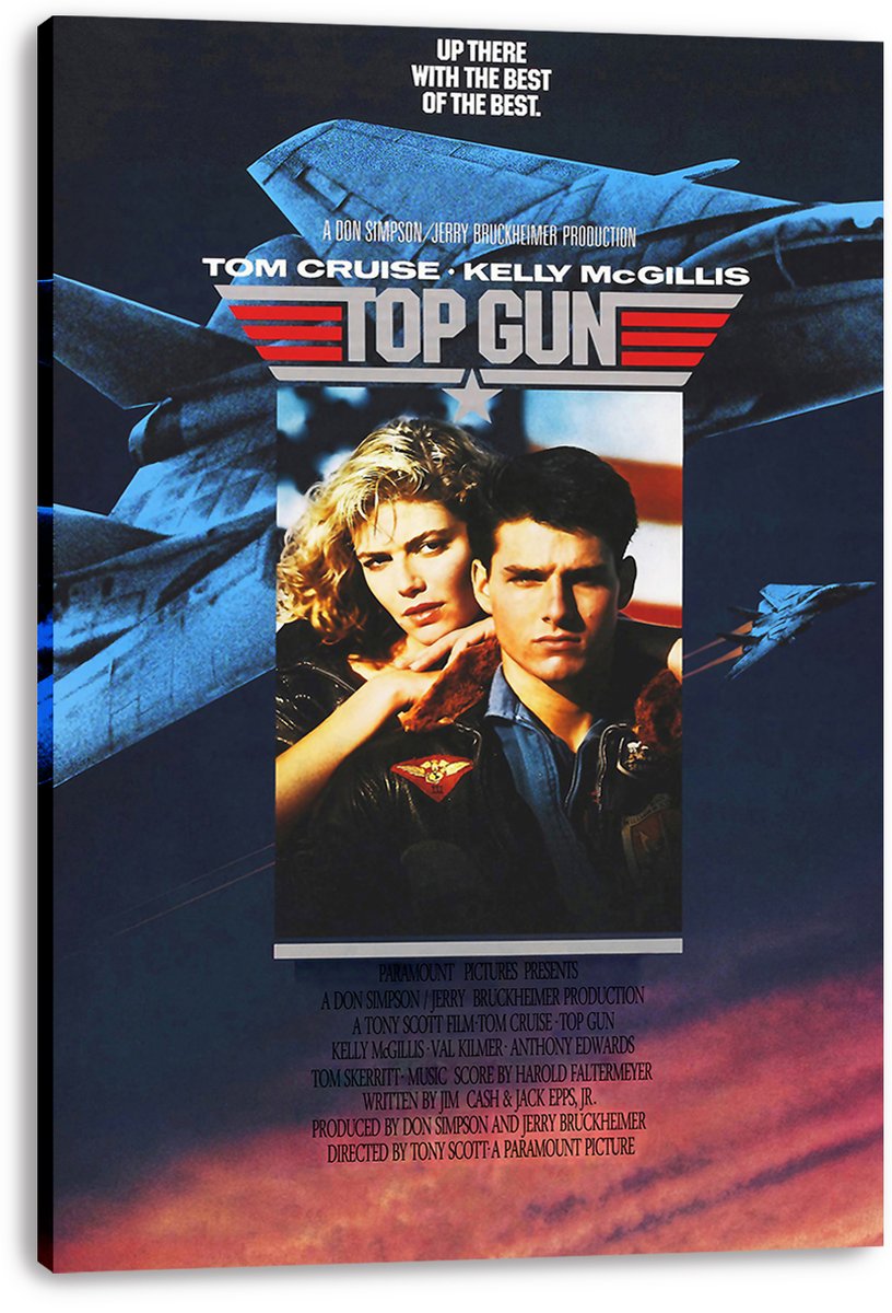 Top Gun wall art print displayed on a thick canvas, featuring Tom Cruise, Kelly McGillis, blue fighter jets, and red title graphics.