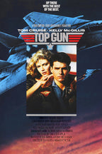 Top Gun movie poster with Tom Cruise and Kelly McGillis beneath fighter jets, a bold winged title, and a pink sunset sky.