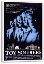 Toy Soldiers wall art print on a stretched canvas displays blue-toned student portraits above a white campus illustration.
