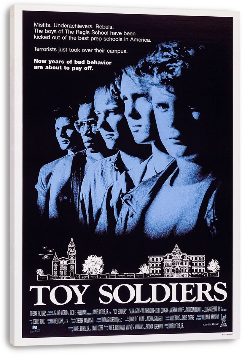 Toy Soldiers wall art print on a stretched canvas displays blue-toned student portraits above a white campus illustration.