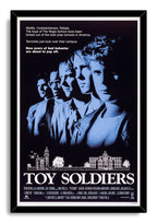Toy Soldiers framed wall art print presents five blue-toned male portraits, campus line art, and large white title lettering.