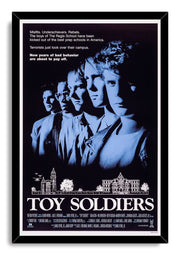 Toy Soldiers framed wall art print presents five blue-toned male portraits, campus line art, and large white title lettering.