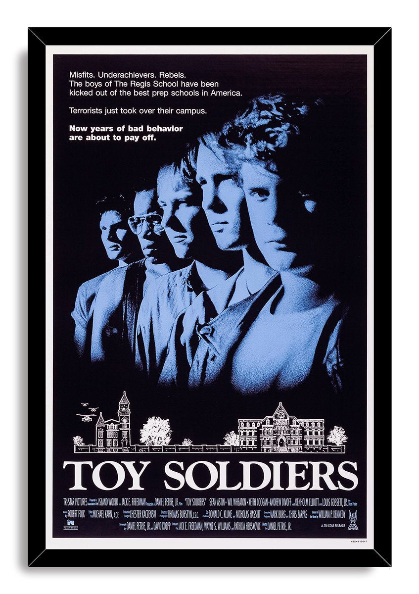 Toy Soldiers framed wall art print presents five blue-toned male portraits, campus line art, and large white title lettering.