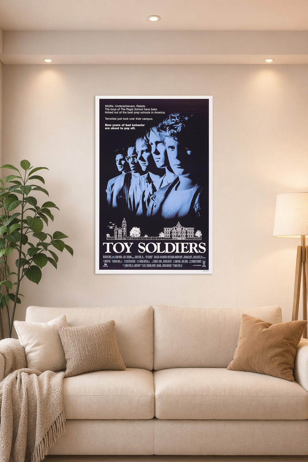 Toy Soldiers Movie Poster in a bright living room above a beige sofa.