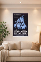 Toy Soldiers Movie Poster in a bright living room above a beige sofa.