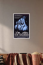 Toy Soldiers Movie Poster in a cozy movie room above a brown sofa with popcorn.