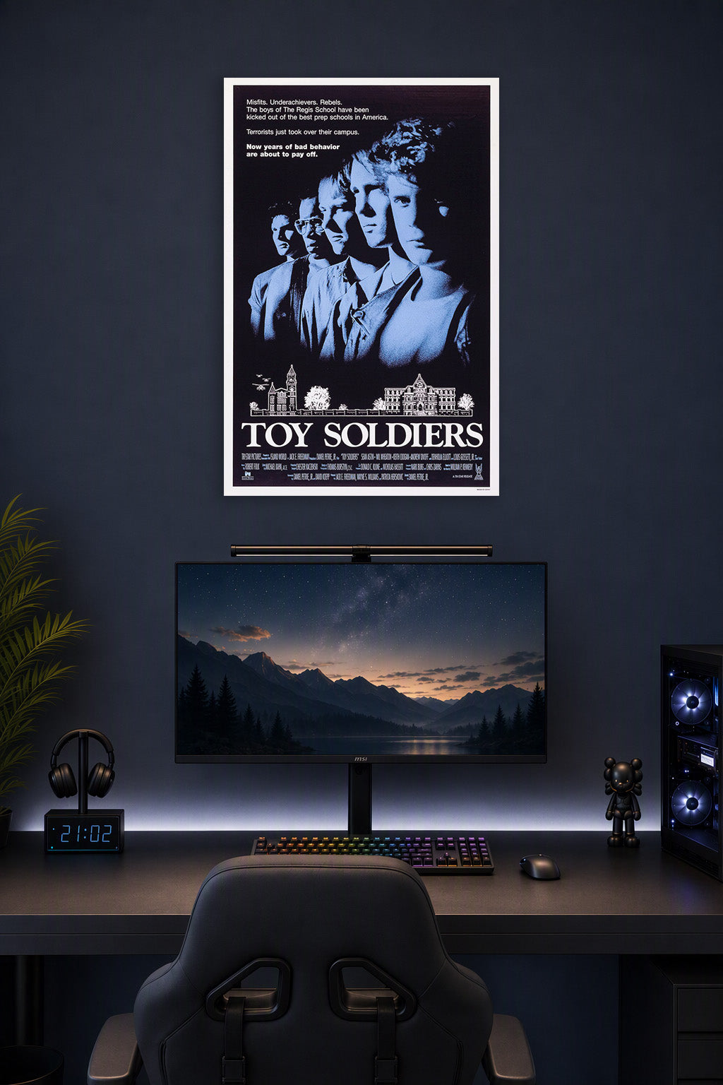 Toy Soldiers Movie Poster in a gaming desk setup above a monitor.