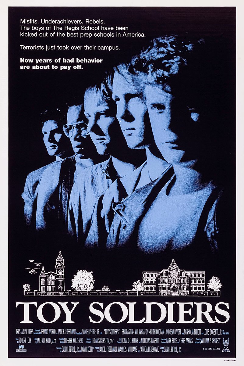 Toy Soldiers poster features five blue-toned young men, a white campus sketch, bold title text, and dark background.