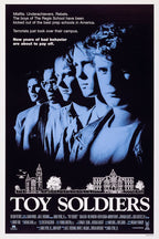 Toy Soldiers poster features five blue-toned young men, a white campus sketch, bold title text, and dark background.