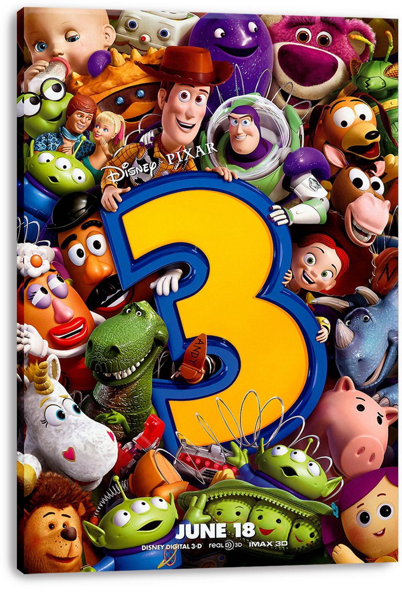 Toy Story 3 canvas wall art print displays Woody, Buzz Lightyear and the toy cast around a bold yellow and blue number 3.
