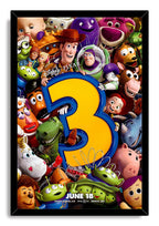 Toy Story 3 framed wall art print features Woody, Buzz Lightyear, Rex, Hamm and other toys around a yellow number 3.